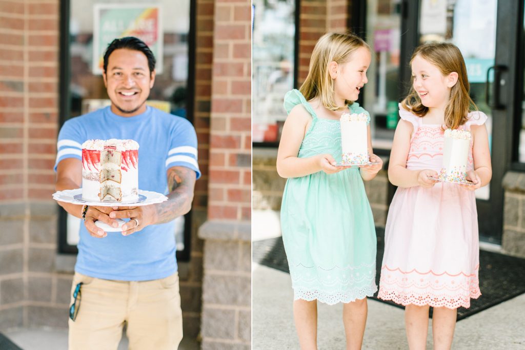 Amy’s Cupcake Shoppe customers holding cake 