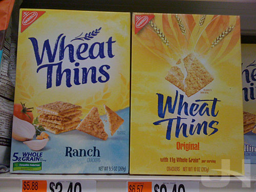 Old and new product packaging comparison for wheat thins